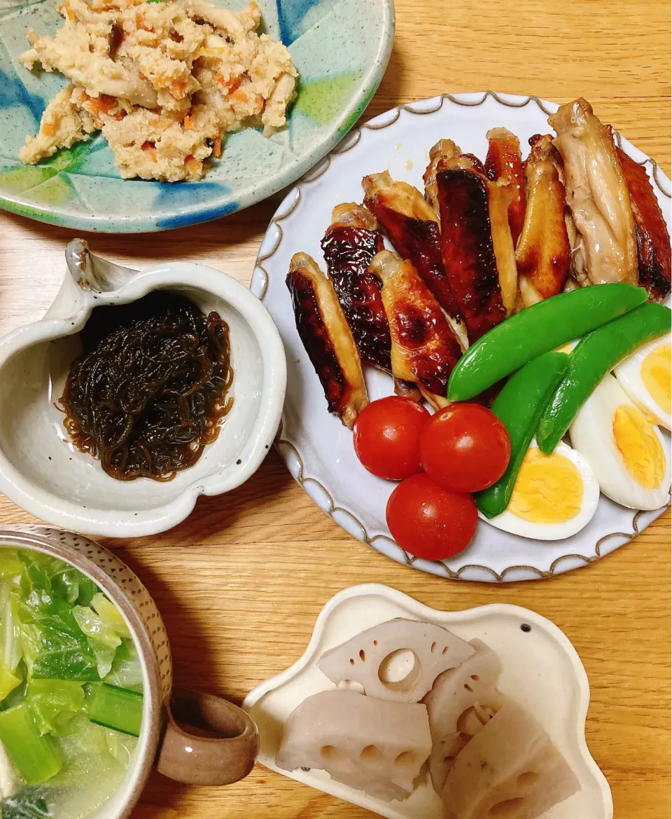 照り焼き・もずく酢・おから煮・蒸し蓮根・チキンスープ水炊き風|saimaricoさん
