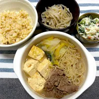 牛すき煮、菜の花ポテトサラダ、もやしナムル、玄米ご飯| jackybeanさん