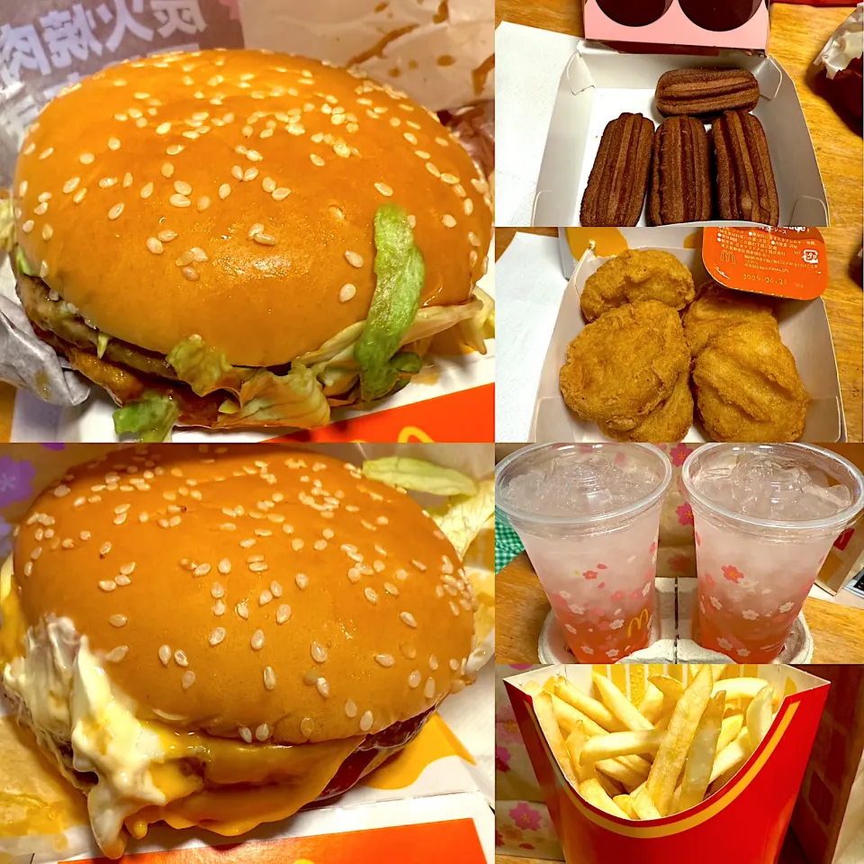 炭火焼肉風てりたま🍔　チーズてりたま🍔🧀　　　　ひとくち黒チュロスいちごチョコ🍓🍫　　ポテト🍟海のり塩味　ナゲット5  もものレモネード🍑🥤|るみおんさん
