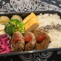 2025.3.10 息子弁当　◎蓮根ハンバーグ　◎卵焼き　◎紫キャベツのピクルス　◎高野豆腐　◎焼き芋　◎ブロッコリー|goroさん