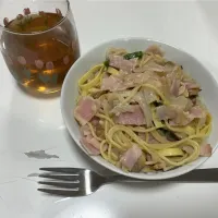 晩御飯☆パスタ（ベーコン・アスパラ・玉葱・あさり）|Saharaさん