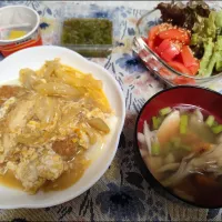 今日の夜ごはん2人の。かつ煮、赤魚野菜の汁、他