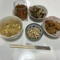 晩御飯☆豚の味噌漬け焼き☆酢大豆☆根菜煮☆ニチレイのふかひれスープ|Saharaさん