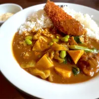 チキンと春の彩りカレー、天然国産鮭フライ、クリーミータルタルソーストッピング、5辛🥬🍠🐟🍛🔥|buhizouさん