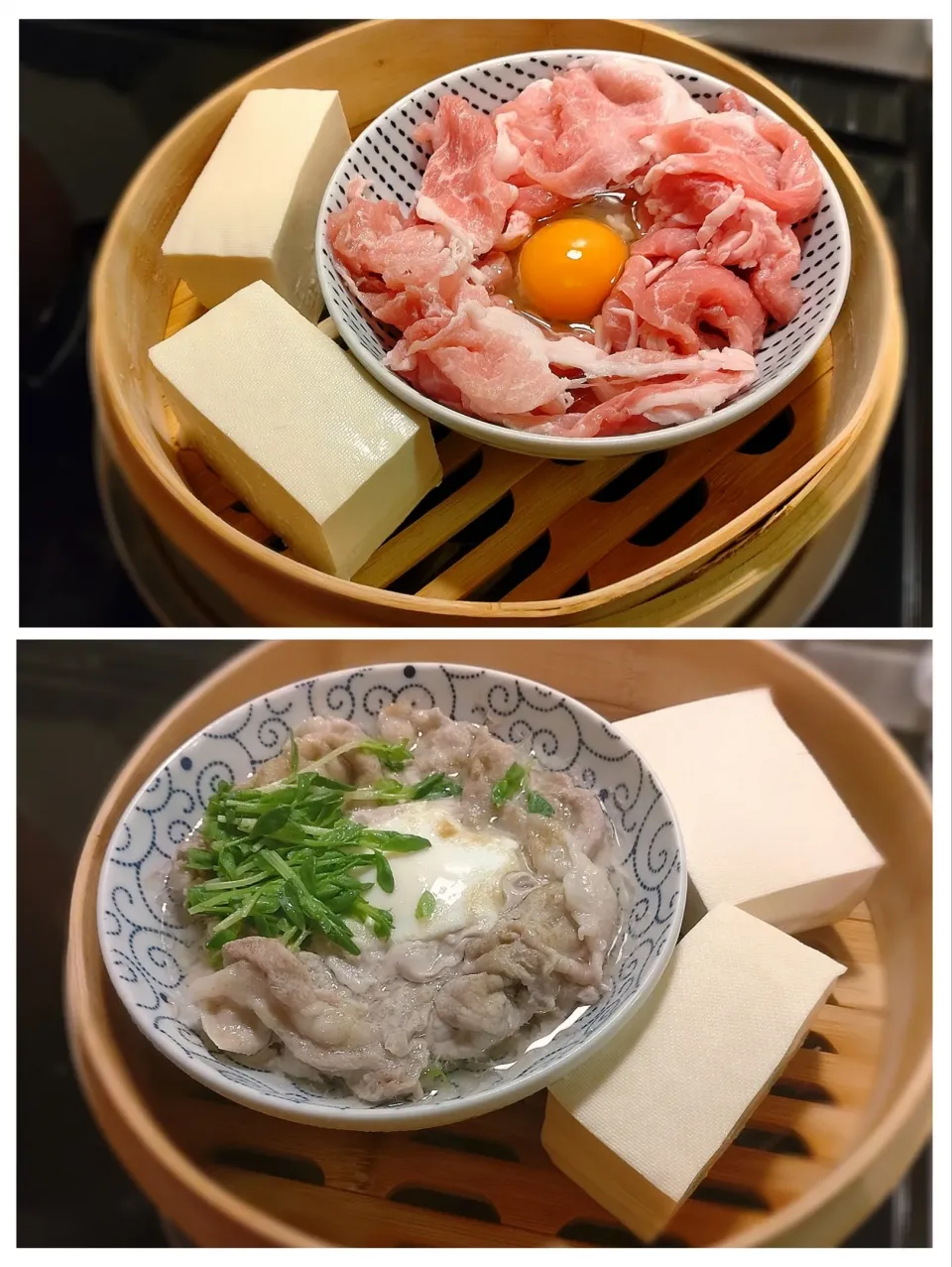 豚肉と豆腐を熱々に蒸して、ポン酢で〜|みりさん