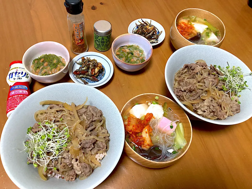 牛丼＊キムチの春雨スープ＊ナッツ入り田作り＊エラグ酸納豆メカブ＊ヨーグルトドリンク|さくたえさん