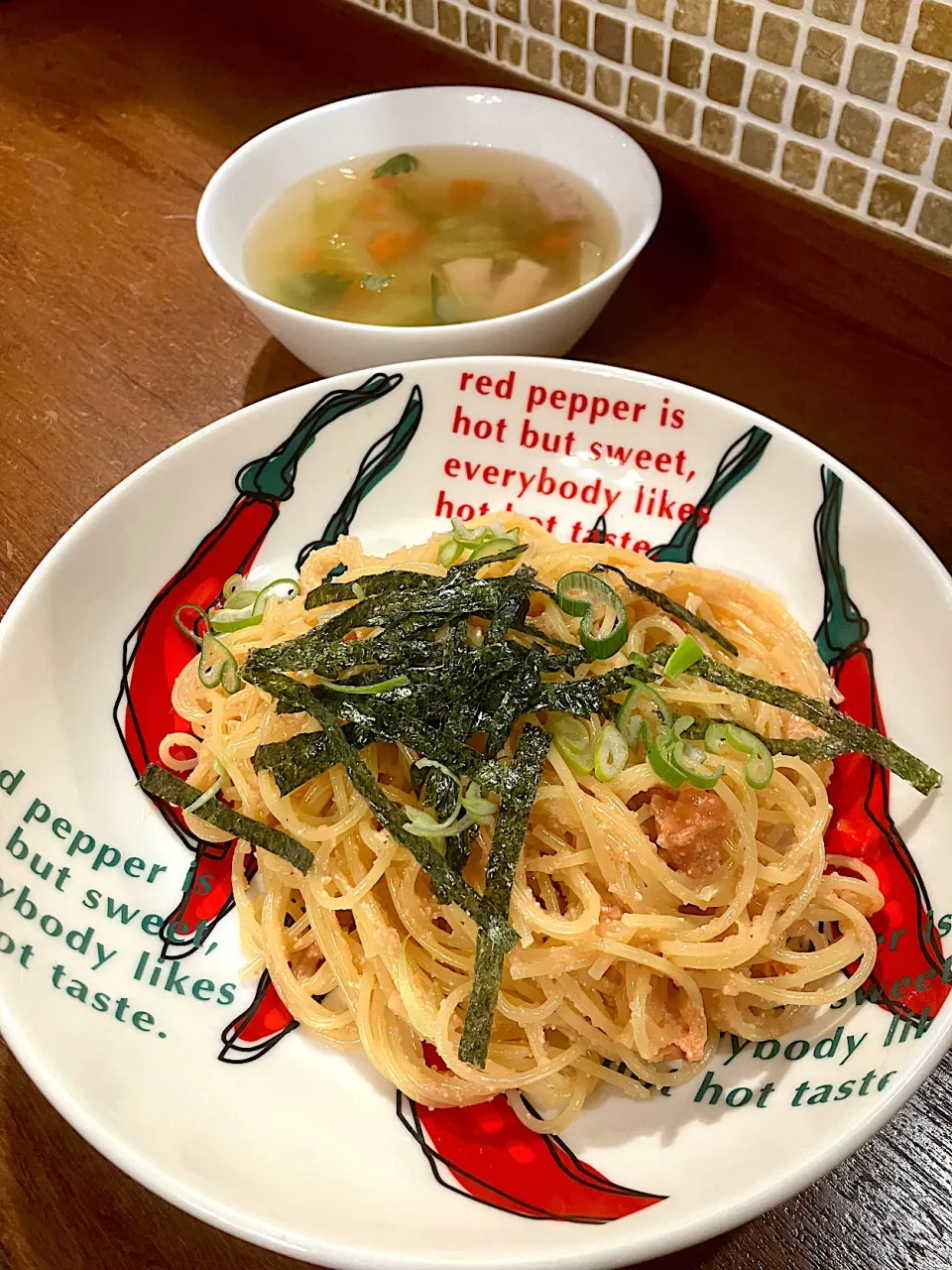 ひーさん作　たらこスパ🍝＆野菜スープ|きみちさん