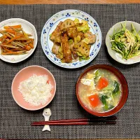 豚ロースと野菜のガーリック塩炒め、きんぴらごぼう、豆苗とえのきのおひたし、サンラータン風スープ|柚子きりかさん