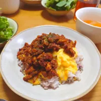 休日ランチ　たまごとカレーそぼろごはん|ごはんきろくさん