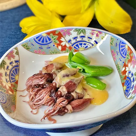 「からし酢みそ」を使ってみたSnapdishの料理・レシピ写真:ホタルイカとスナップエンドウの酢味噌和え