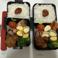 パパ弁と中学生弁当☆唐揚げ☆卵焼き☆ウインナー☆プチトマト☆ブロッコリー☆みそ汁（パパ弁）|Saharaさん