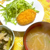 コロッケ　小松菜の煮浸し　味噌汁　キャベツ🥬|4jinoanataさん