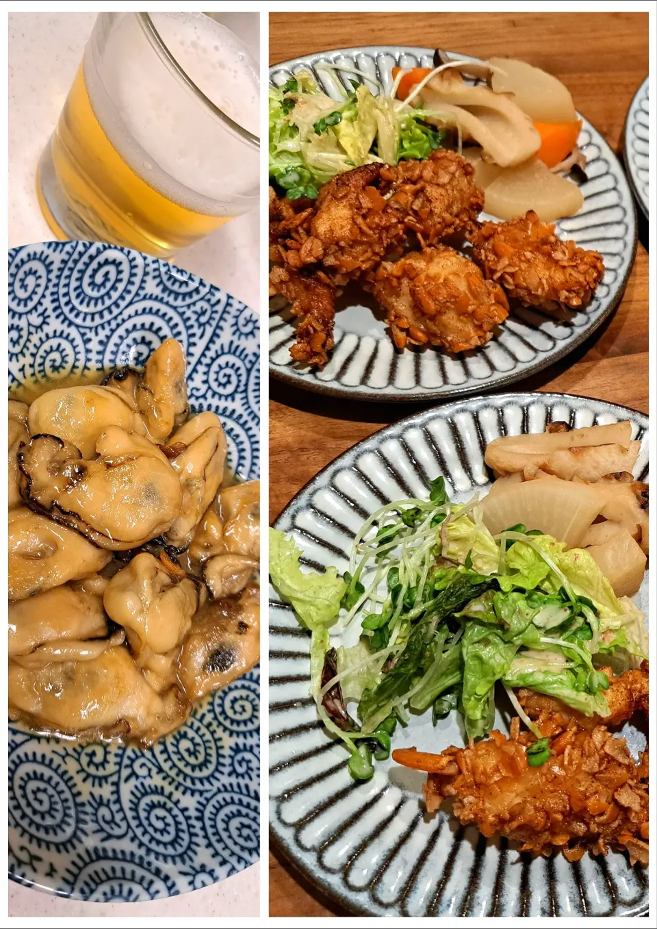 牡蠣のバター醤油炒め　柿の種衣のとりムネからあげ　大根煮物|m aさん