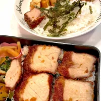 おっさんワンプレート&弁当　カツ丼　大学いも　俺のチンピラ　たくあん　揚げ餃子|ひげおやじさん