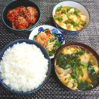 ヤンニョムチキン＆麻婆豆腐定食でムスコの置きランチ