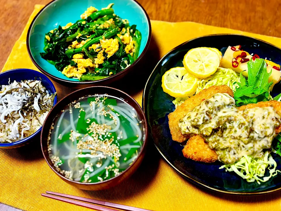 ふき味噌マヨ白身魚フライと海苔の佃煮炊き込みご飯|きいろさん
