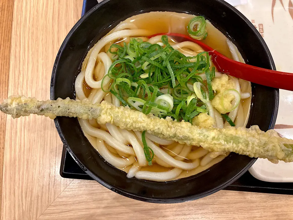 妹が奢ってくれた丸亀製麺。アスパラ天入りかけうどん。|さくたえさん