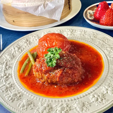 「基本のトマトソース」を使ってみたSnapdishの料理・レシピ写真:蒸籠でハンバーグのトマトバジルソース
