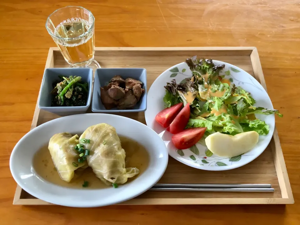 和風ロールキャベツ、鶏レバー低温調理、ほうれん草胡麻和え、サラダ|マユマユさん