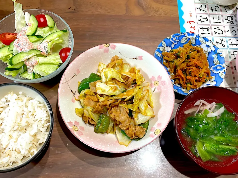 回鍋肉　レタスの洋風味噌汁　かぼちゃと人参の胡麻きんぴら　たらこドレッシングサラダ|おさむん17さん