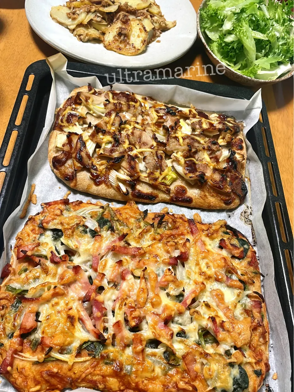 ＊おうちピザ♪ベーコンほうれん草のクリーム、お好み焼き風♪＊|ultramarineさん