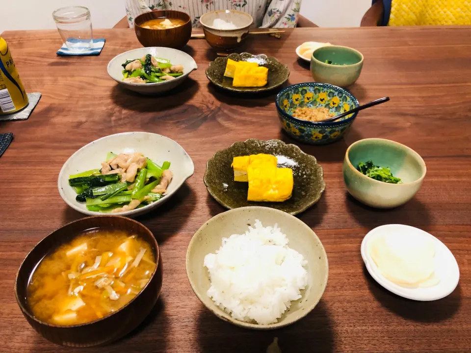 豚こまと小松菜のうま煮、ほうれん草のナムル、だし巻き玉子|タロッカ主夫見習いさん
