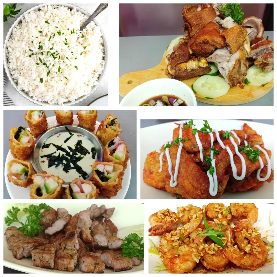 Crispy Pata, Cheesy Crabmeat Rolls, Buffalo Wings, Grilled Liempo, Buttered Shrimp, and Rice|J-Sim Espirituさん