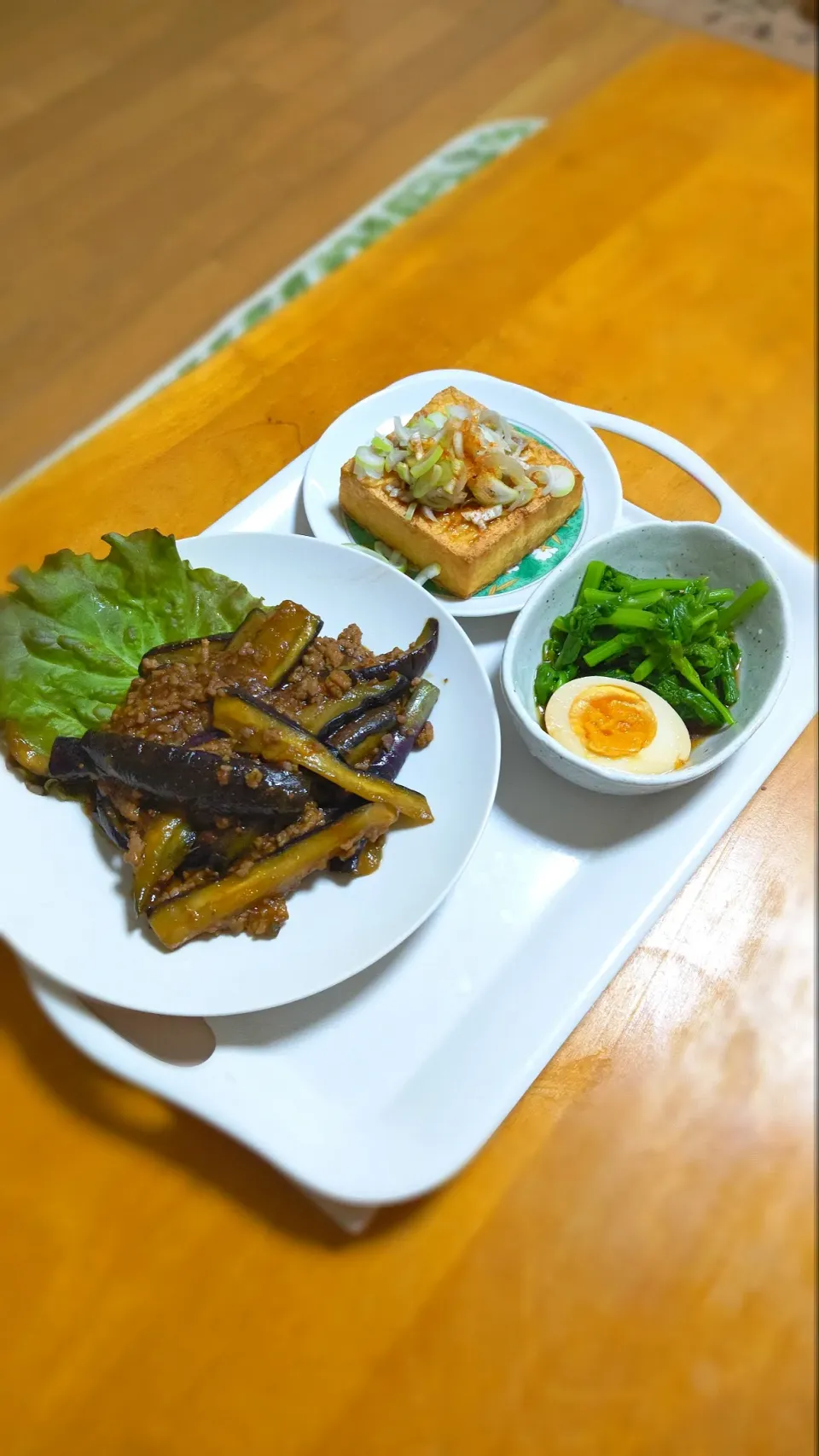 夜ご飯（麻婆茄子　厚揚げねぎのっけ　菜の花のお浸し）|かずにゃんさん