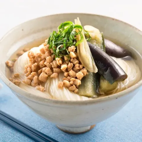 「ダイズラボ冷凍大豆のお肉 ミンチタイプ」を使ってみたSnapdishの料理・レシピ写真:なすとそぼろのさっぱりそうめん