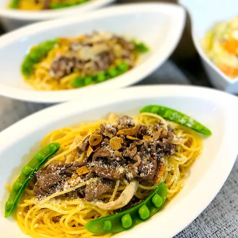 「プラス糀 玉ねぎ生塩糀」を使ってみたSnapdishの料理・レシピ写真:牛肉とエリンギのガーリック醤油パスタ