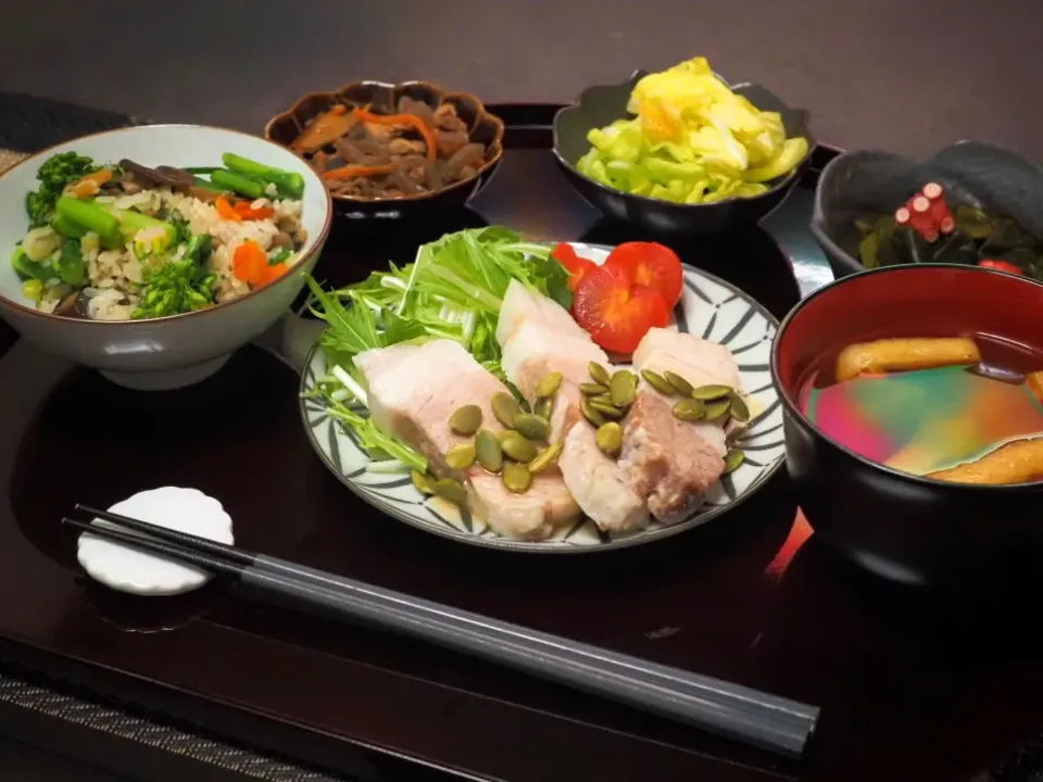 春らしく♡菜花ときのこの混ぜごはん＆蒸豚|こりちゃんさん