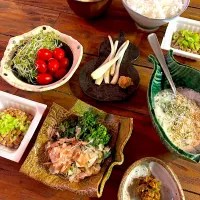手作りフキ味噌　菜の花のからし和え　青じそとろろ　エシャロット　納豆　粕汁　サラダ|Nakaba Kobayashiさん