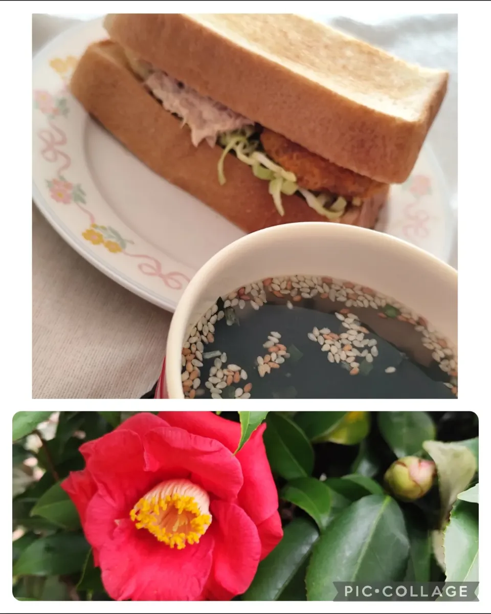 息子の昼早めに作り置き。ツナマヨコロッケサンド、インスタントわかめスープ|m.rafuさん