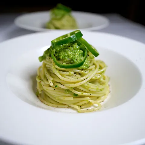 「高知県産ピーマン」を使ってみたSnapdishの料理・レシピ写真:ピーマンペーストのパスタ