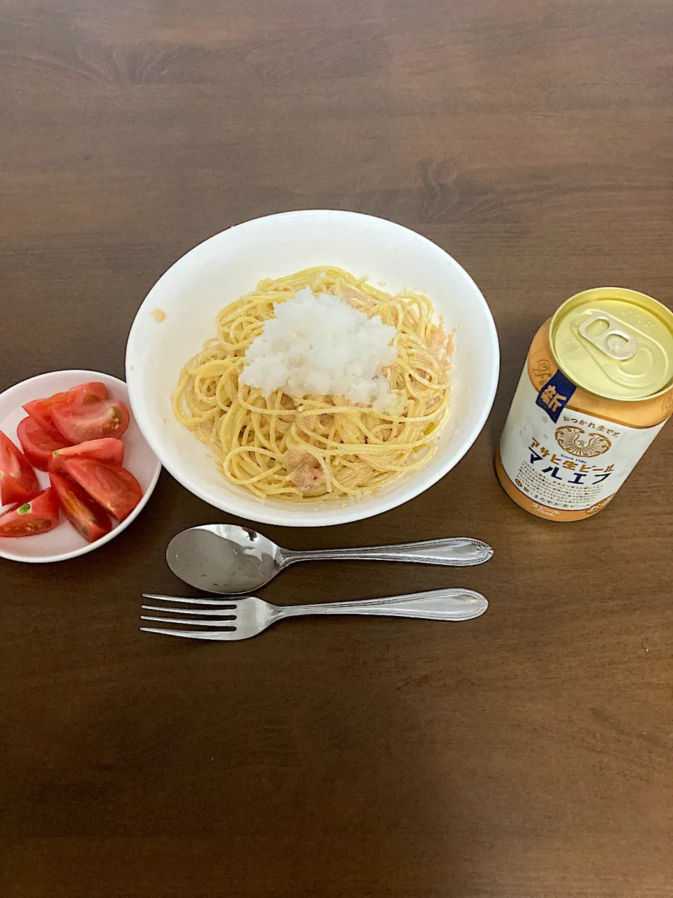 一昨日のおひとり様居酒屋のために「サノヤ」さんで買った明太子の余りを使っておろし明太マヨ冷製スパゲッティを作りました。これでおひとり様居酒屋の残務処理終了。|なびさん