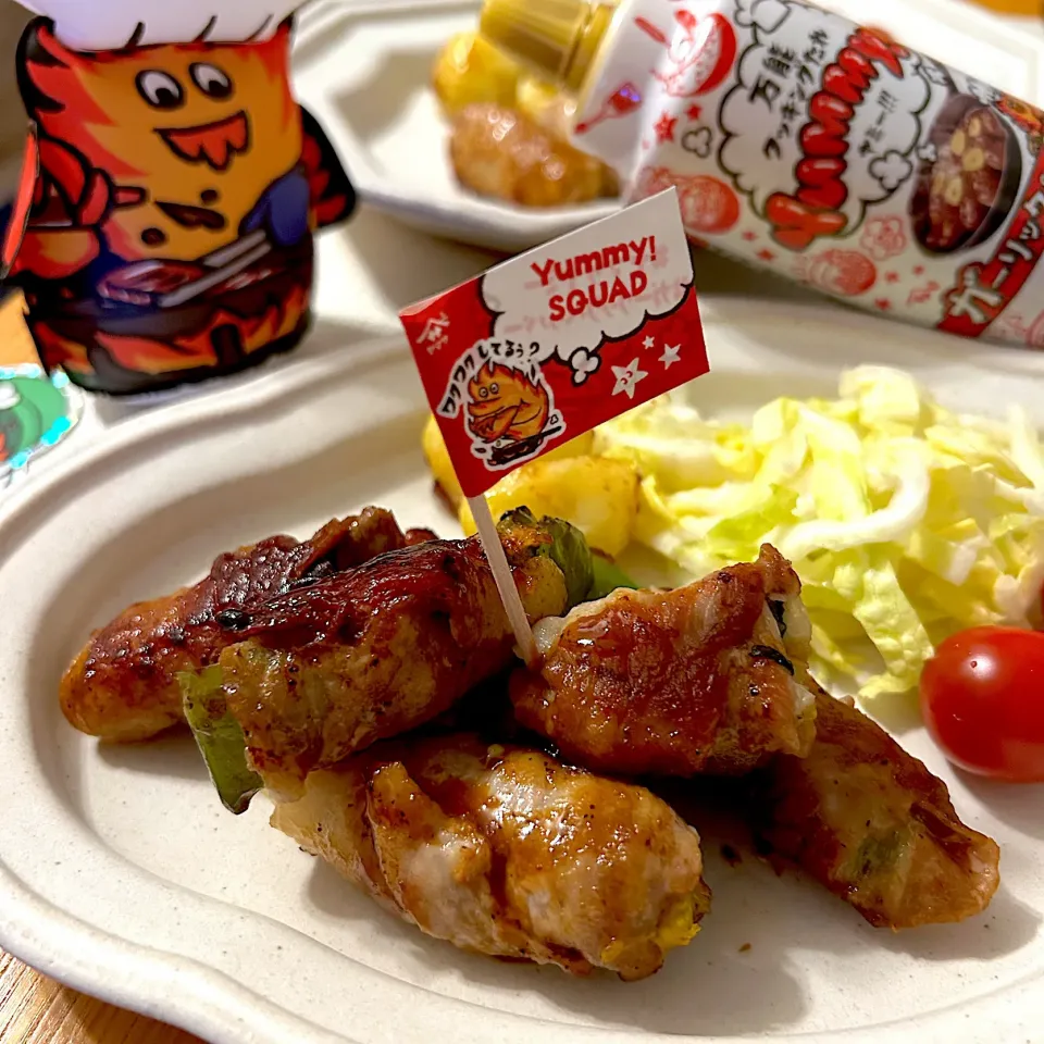 肉巻き(白菜の蕾、ピーマン、椎茸、大葉)|むぎこさん