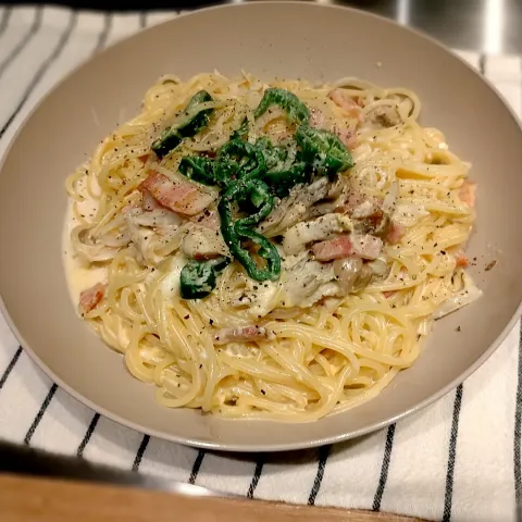 「茨城県産ピーマン」を使ってみたSnapdishの料理・レシピ写真:カルボにもピーマン入れちゃいましょう