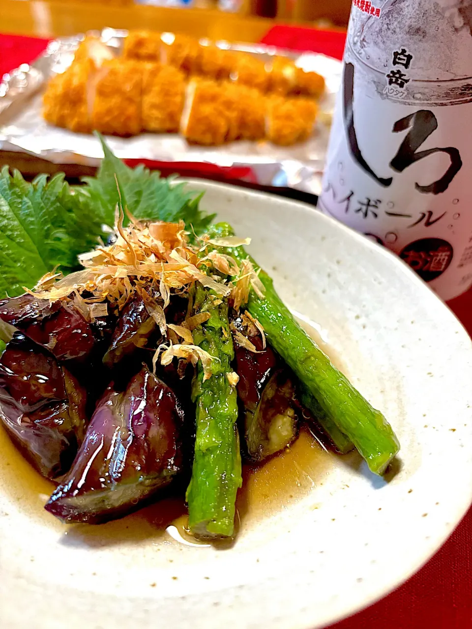 なすとアスパラの揚げ浸し🍆|おかちさん