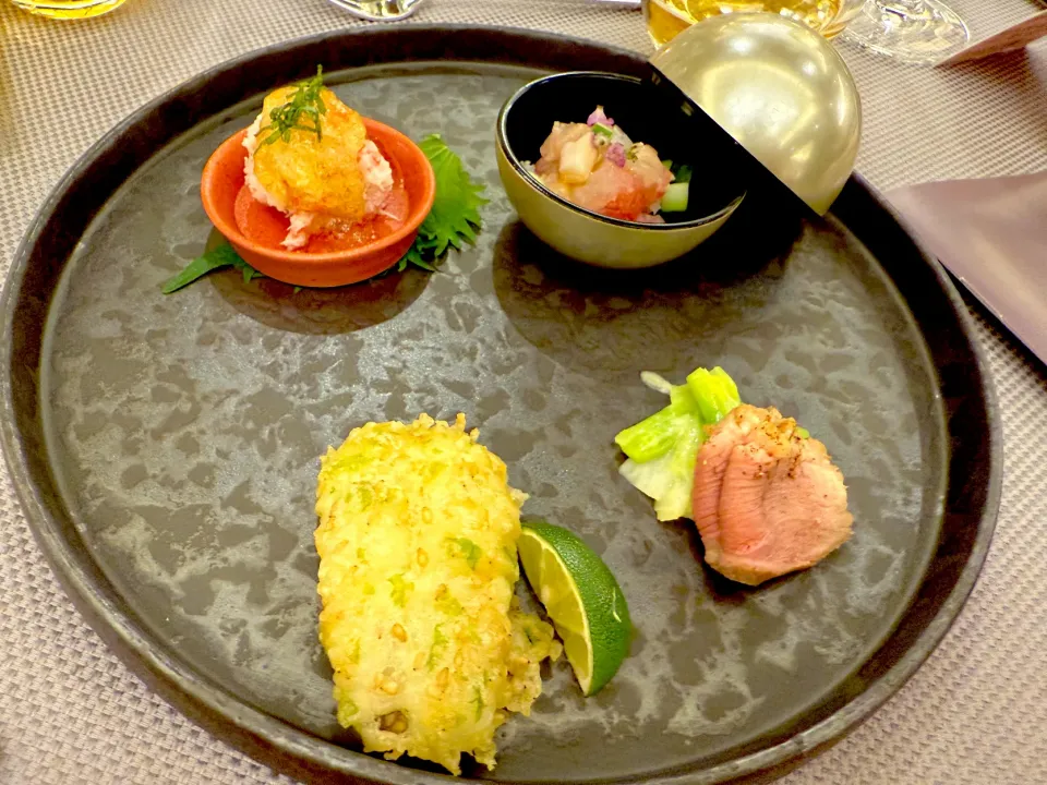 穴子の磯辺揚げ　べにずわい蟹三杯酢ジュレ　合鴨醤油煮　分葱辛子酢味噌和え　海の幸の和え物|もうちゃんさん