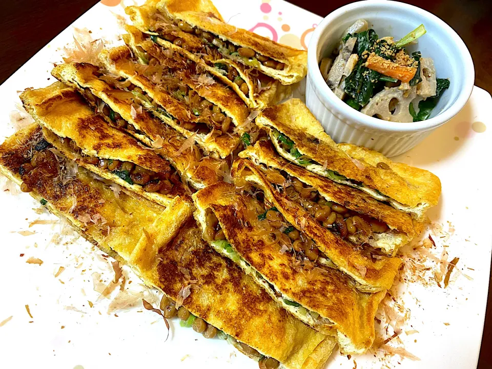 葱と納豆の揚げ包み焼き&小松菜と蓮根の胡麻風サラダ|単身赴任のっちさん