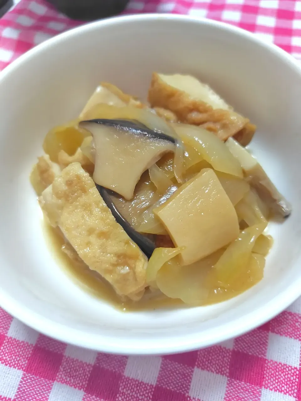 厚揚げと玉ねぎ、エリンギの煮物|藤さんちのごはんさん