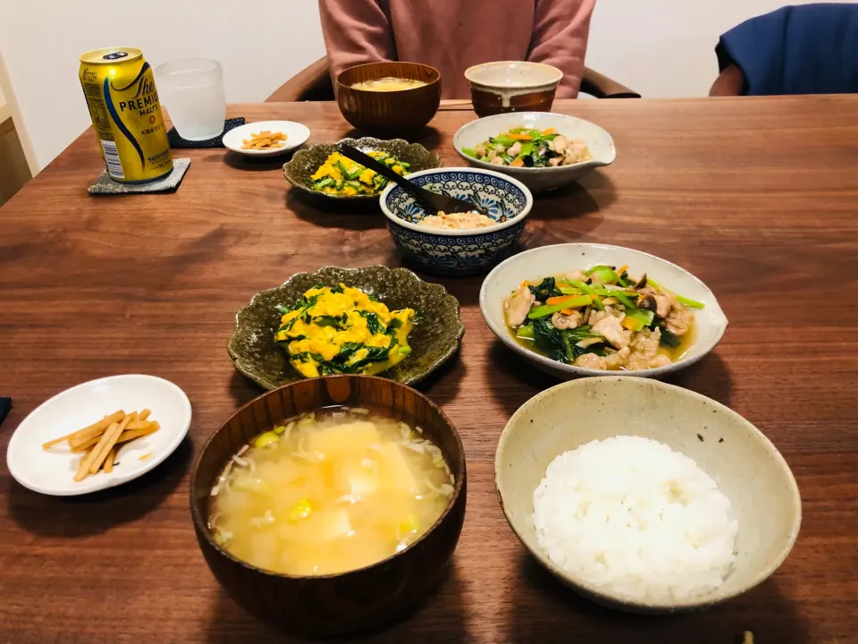 ニラ玉、豚こまと小松菜のうま煮|タロッカ主夫見習いさん