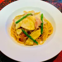 ✩.*˚エリンギとアスパラのガーリック醤油パスタ| ゆきえもんさん