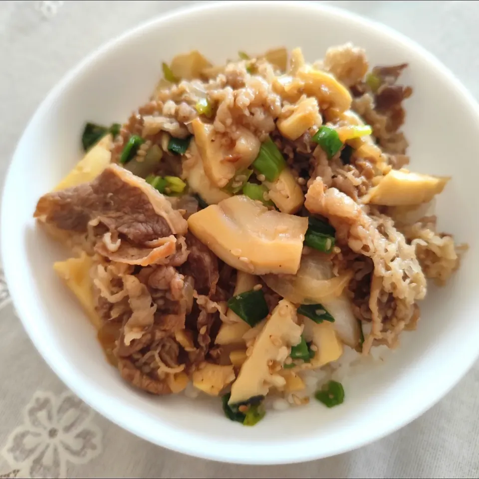 茹で筍、ネギ、胡麻を解凍した牛丼の具と煮ました丼|m.rafuさん