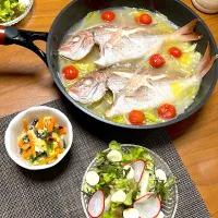 チダイのアクアパッツァ風(〆はチーズリゾット🧀)、菜花と生キクラゲの卵とじ、サラダ|柚子きりかさん