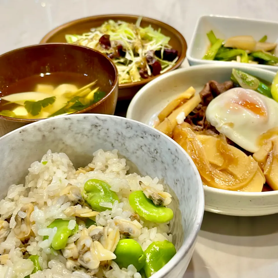 そら豆とあさりの混ぜ飯。他。|ぎんさん