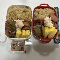 パパ弁・母弁。☆炊き込みご飯☆じゃこ天☆ハム☆ほうれん草の胡麻和え☆卵焼き☆ポテトサラダ☆みそ汁（パパ弁）|Saharaさん
