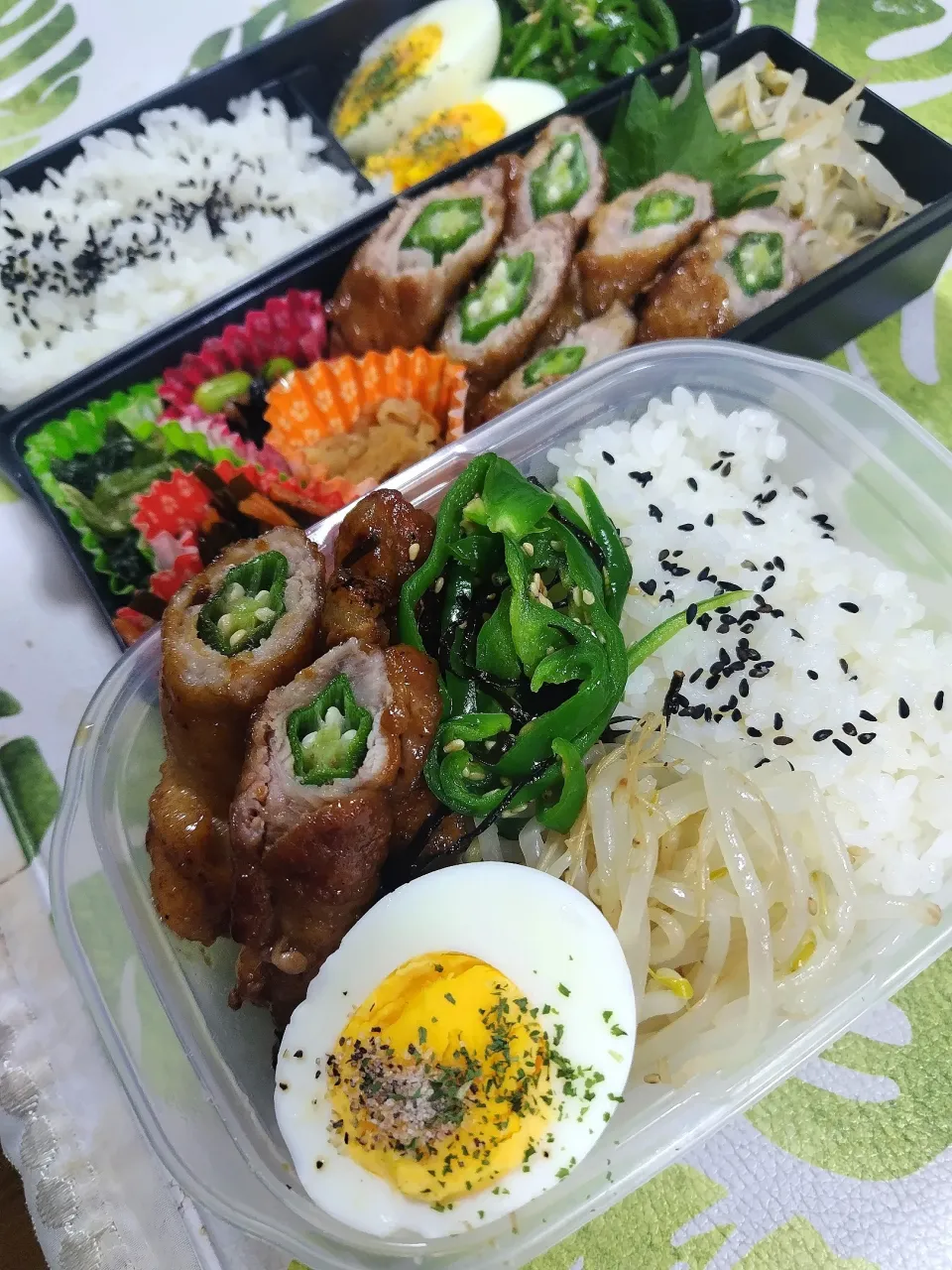 オクラの肉巻きコリアンホットと煮物のタレで絡めました🤗主人と息子のお弁当です✨|rikako♪。.:＊さん