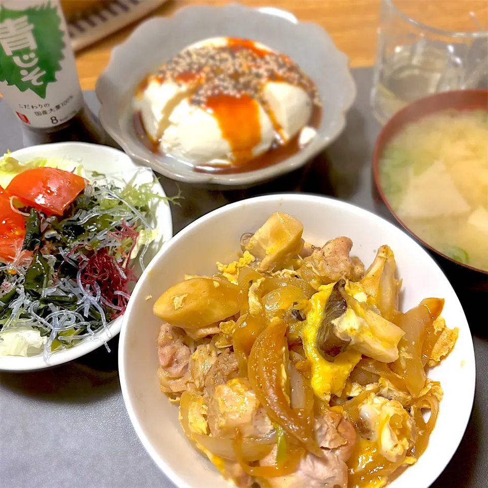 2025/04/16 キノコ入り親子丼、海藻サラダ、おつまみ豆腐、エノキ味噌汁|kykyさん