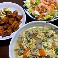 トンテキ　広野豆腐（具沢山卵とじ）サラダ（エビ）|えーちゃんさん
